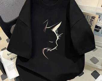 Minimalist Cat Face T-Shirt, Simple Black Line Art Tee, Cat Lover Graphic Shirt