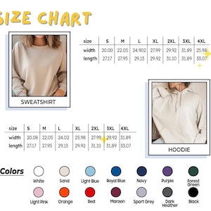 Pu&ograve; includere: Una tabella delle taglie per felpa e felpa con cappuccio che presenta due tabelle con misure di larghezza e lunghezza in centimetri per le taglie dalla S alla 4XL. Sotto le tabelle, una tavolozza di colori mostra 14 campioni circolari etichettati White, Sand, Light Blue, Royal Blue, Navy, Purple, Forest Green, Light Pink, Orange, Red, Maroon, Sport Grey, Dark Heather e Black.