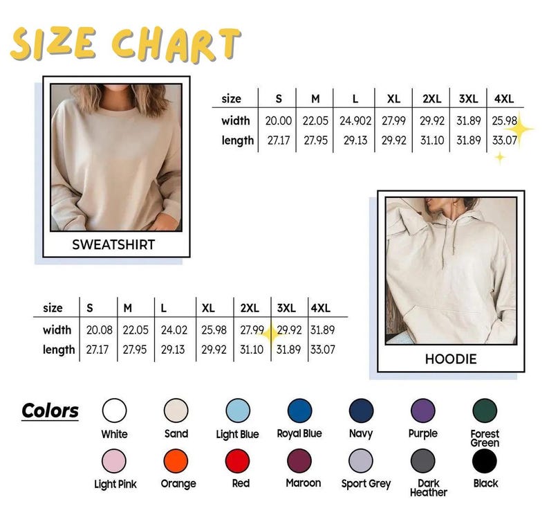 Pu&ograve; includere: Una tabella delle taglie per felpa e felpa con cappuccio che presenta due tabelle con misure di larghezza e lunghezza in centimetri per le taglie dalla S alla 4XL. Sotto le tabelle, una tavolozza di colori mostra 14 campioni circolari etichettati White, Sand, Light Blue, Royal Blue, Navy, Purple, Forest Green, Light Pink, Orange, Red, Maroon, Sport Grey, Dark Heather e Black.