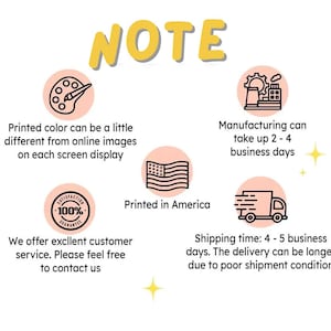 Pu&ograve; includere: Un grafico informativo intitolato NOTE con cinque icone circolari che mostrano una tavolozza di colori, una fabbrica, una bandiera americana, un sigillo di soddisfazione al 100% e un camion per le consegne. Il testo include note sul colore.