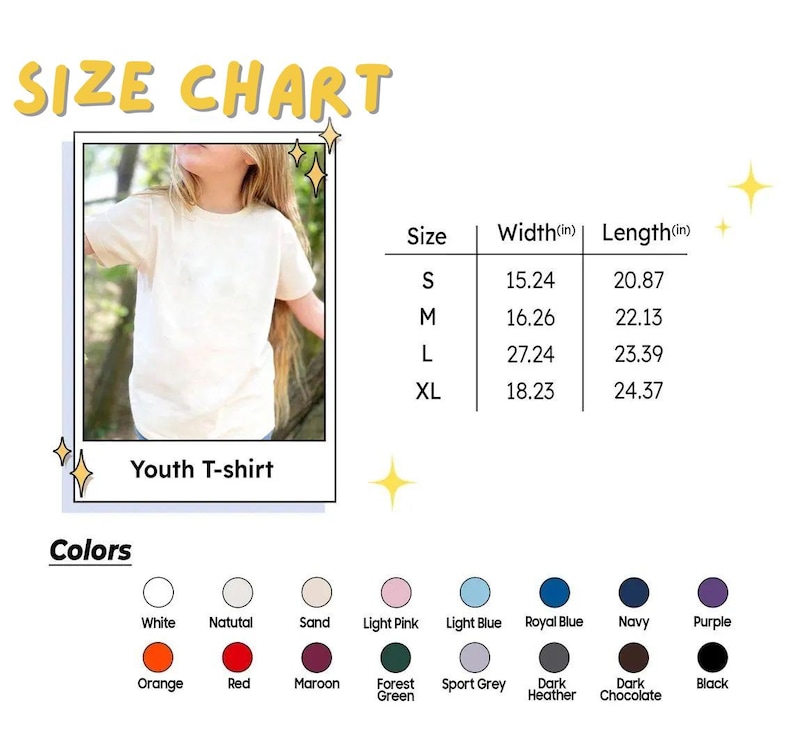 Pu&ograve; includere: Una tabella delle taglie per t-shirt da ragazzi con la foto di un bambino che indossa una t-shirt chiara. Una tabella elenca le taglie S, M, L e XL con le misure di larghezza e lunghezza in pollici. Una tavolozza mostra sedici colori.