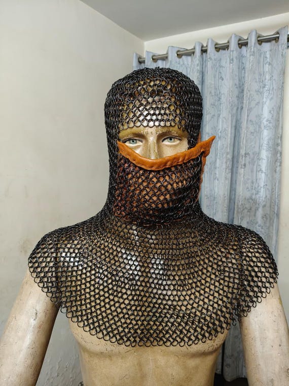 Handmade Mild Steel Chainmail Coif, Auto-Blackened Leather Border Hood, Large Size