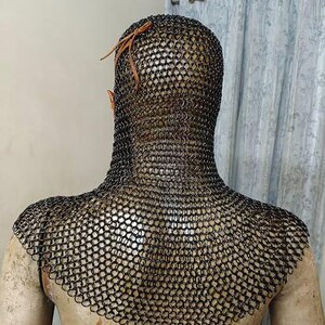 Handmade Mild Steel Chainmail Coif, Auto-Blackened Leather Border Hood, Large Size image 3
