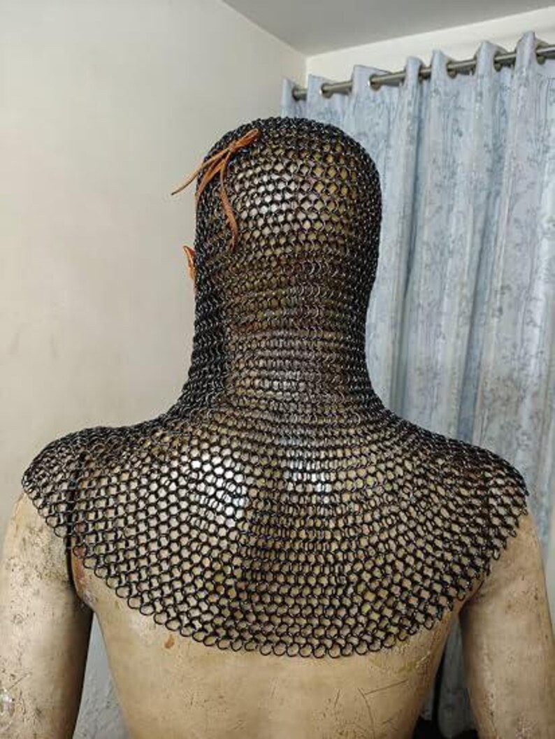 Handmade Mild Steel Chainmail Coif, Auto-Blackened Leather Border Hood, Large Size image 3