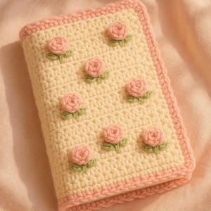 Può includere: Una custodia all'uncinetto in una morbida tonalità gialla, adornata con delicate rose rosa e foglie verdi. I bordi sono rifiniti con un bordo rosa abbinato. Questo articolo fatto a mano è ideale per proteggere piccoli oggetti.