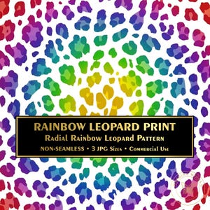 Op de afbeelding: Een levendig digitaal patroon met een regenboog luipaardprint ontwerp. Het ontwerp bevat vlekken in verschillende kleuren, waaronder rood, oranje, geel, groen, blauw en paars, op een witte achtergrond. De tekst "RAINBOW LEOPARD PRINT" wordt weergegeven.