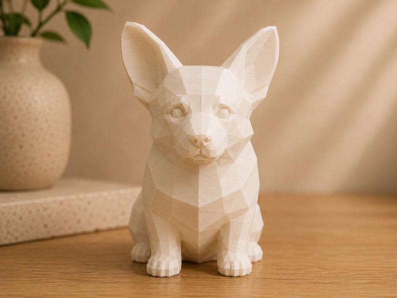 May include: A cream-colored, low-poly geometric figurine of a Corgi dog. The sculpture features a faceted, angular surface design with pointed ears, a defined snout, and a seated posture, rendered in a solid, matte, light-toned material.