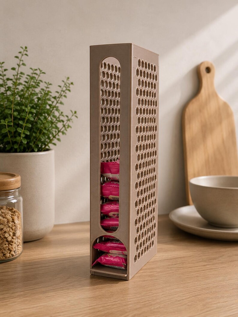 May include: A tall, rectangular, light brown plastic storage dispenser featuring a honeycomb-patterned side and a vertical front opening. The dispenser is filled with several small, rectangular, pink-wrapped food items stacked vertically.