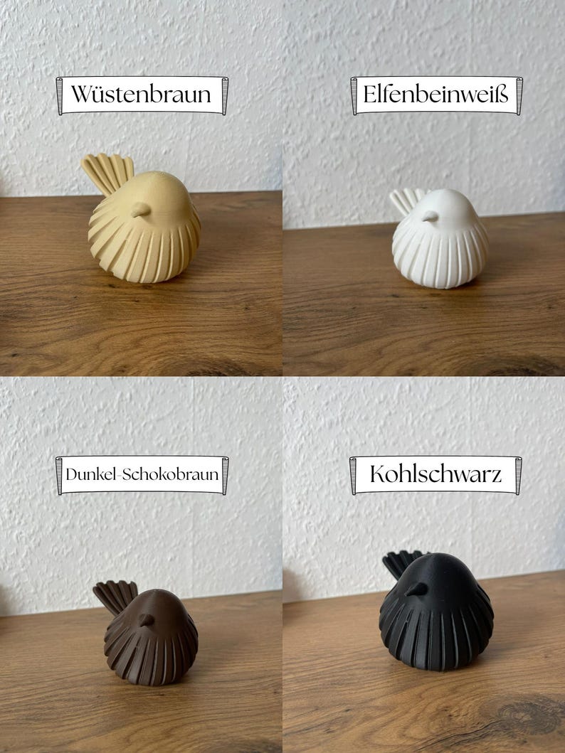May include: Four small bird figurines in different colors. The top left is W&uuml;stenbraun, the top right is Elfenbeinwei&szlig;, the bottom left is Dunkel-Schokobraun, and the bottom right is Kohlschwarz. Each bird has a rounded body with vertical ridges.