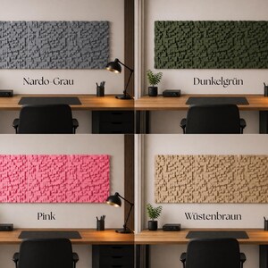 May include: A set of four rectangular wall art panels featuring a 3D geometric block texture, displayed in Nardo Grau, Dunkelgr&uuml;n, Pink, and W&uuml;stenbraun colors. Each panel is mounted above a wooden desk with a black chair and desk lamp.