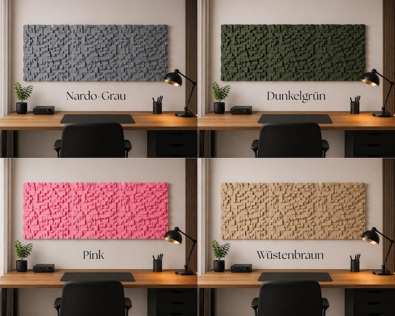 May include: A set of four rectangular wall art panels featuring a 3D geometric block texture, displayed in Nardo Grau, Dunkelgr&uuml;n, Pink, and W&uuml;stenbraun colors. Each panel is mounted above a wooden desk with a black chair and desk lamp.