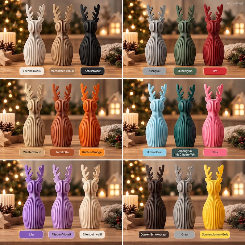 May include: A collection of eighteen vertical, ribbed, deer-shaped figurines with antlers, displayed in various colors including white, brown, black, gray, green, red, orange, blue, pink, purple, and yellow, each labeled with its specific color name.