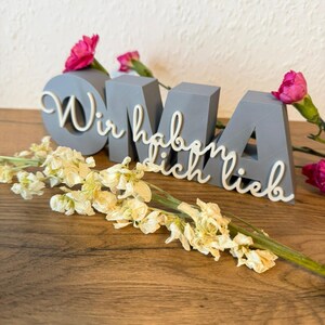 K&ouml;nnte beinhalten: Ein graues, 3D-gedrucktes Schild mit der Aufschrift "OMA" und den Worten "Wir haben dich lieb" in wei&szlig;er Schrift. Das Schild ist mit rosa Nelken und einem Zweig wei&szlig;er Blumen verziert, die auf einer Holzoberfl&auml;che liegen.