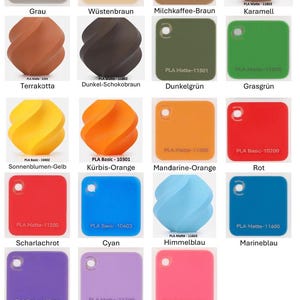 Puede incluir: Una paleta de colores con varios tonos de filamentos PLA Matte y PLA Basic. Los colores incluyen negro, blanco, gris, marr&oacute;n, verde, amarillo, naranja, rojo, azul, morado y rosa. Cada color est&aacute; etiquetado.