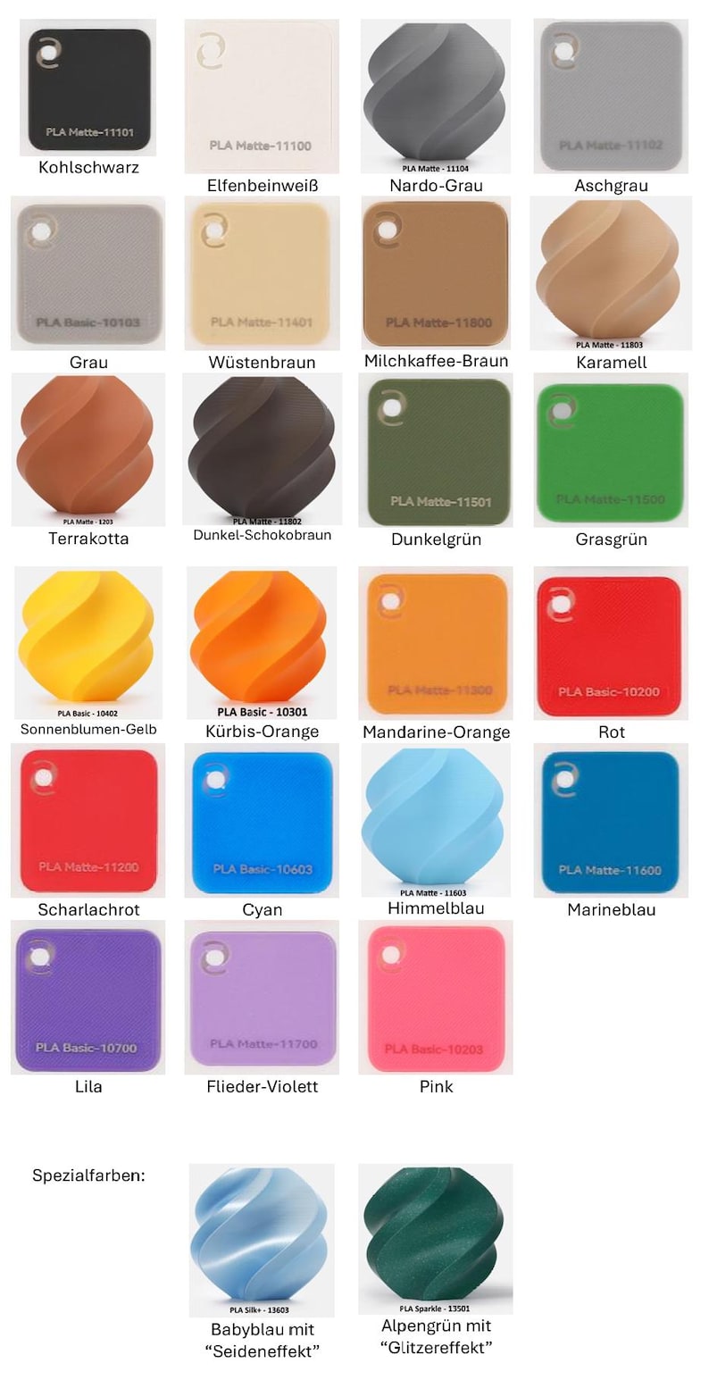 Puede incluir: Una paleta de colores con varios tonos de filamentos PLA Matte y PLA Basic. Los colores incluyen negro, blanco, gris, marr&oacute;n, verde, amarillo, naranja, rojo, azul, morado y rosa. Cada color est&aacute; etiquetado.