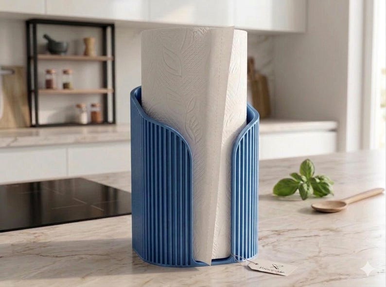 May include: A blue vertical paper towel holder with a ribbed exterior design, holding a roll of white paper towels with a subtle leaf pattern. A small rectangular tag is attached to the base of the holder.