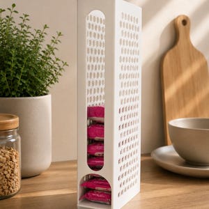 May include: A tall, white, rectangular plastic storage dispenser featuring a grid of small oval cutouts on its sides and a large vertical oval opening on the front, filled with several small, rectangular, pink-wrapped food packets.