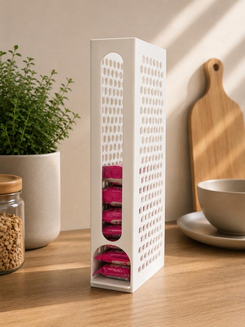 May include: A tall, white, rectangular plastic storage dispenser featuring a grid of small oval cutouts on its sides and a large vertical oval opening on the front, filled with several small, rectangular, pink-wrapped food packets.