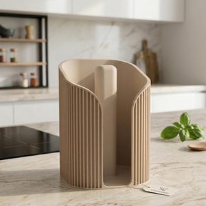 May include: A beige paper towel holder with a vertical ribbed exterior design and a central cylindrical post for holding a roll. The holder features a curved open front and a small rectangular tag attached to the base with the text Handmade.