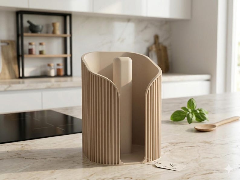 May include: A beige paper towel holder with a vertical ribbed exterior design and a central cylindrical post for holding a roll. The holder features a curved open front and a small rectangular tag attached to the base with the text Handmade.