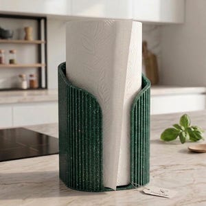 May include: A dark green, vertically ribbed paper towel holder with a speckled texture, containing a roll of white paper towels embossed with a leaf pattern. A small rectangular tag is attached to the base of the holder.