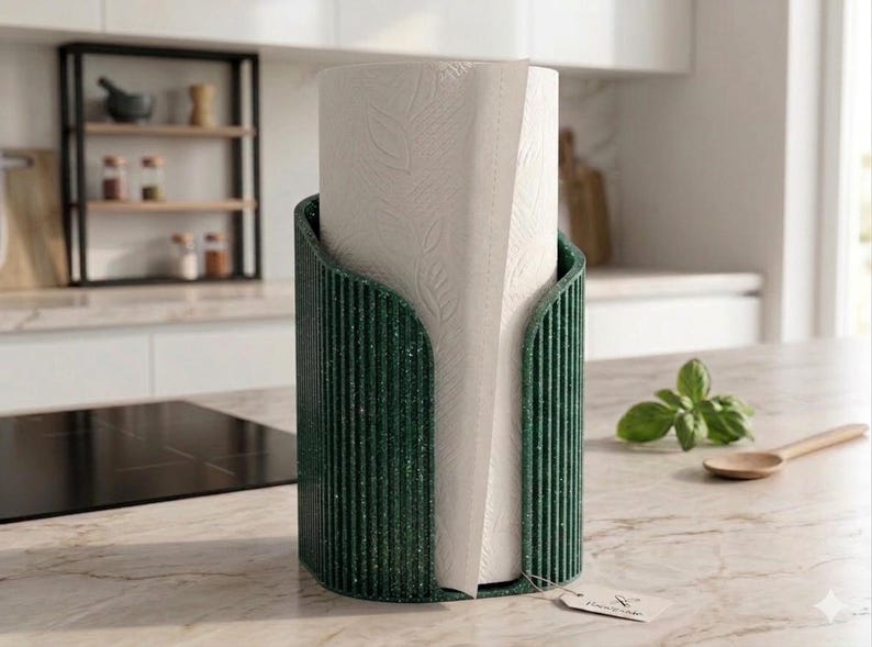 May include: A dark green, vertically ribbed paper towel holder with a speckled texture, containing a roll of white paper towels embossed with a leaf pattern. A small rectangular tag is attached to the base of the holder.