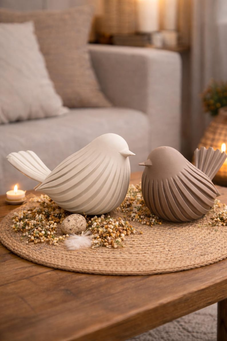 May include: Two bird figurines with a smooth, rounded body and a ribbed, fanned tail design. One bird is off-white and the other is a muted taupe brown. Both figures feature a pointed beak and a minimalist, solid construction with a matte finish.