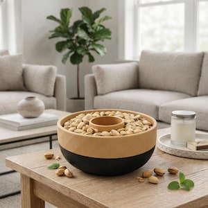 Könnte beinhalten: Eine zweifarbige Schale mit einem matten, beigen Oberteil mit geometrischem Rautenmuster und einem glatten schwarzen Boden. Die Schale hat ein zentrales, kreisförmiges Fach, das mit hellbraunen Pistazien gefüllt ist, weitere liegen verstreut.