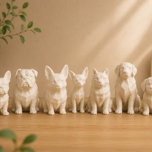 May include: A collection of seven off-white dog figurines featuring geometric, faceted surfaces. The set includes various breeds such as a French Bulldog, an English Bulldog, a Corgi, a Chihuahua, a Shiba Inu, a Labrador, and a puppy.