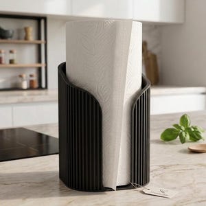 May include: A black vertical paper towel holder with a ribbed exterior texture, holding a roll of white paper towels featuring a subtle embossed leaf pattern. A small rectangular tag is attached to the base of the holder.
