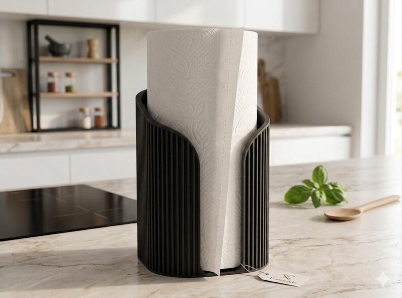 May include: A black vertical paper towel holder with a ribbed exterior texture, holding a roll of white paper towels featuring a subtle embossed leaf pattern. A small rectangular tag is attached to the base of the holder.