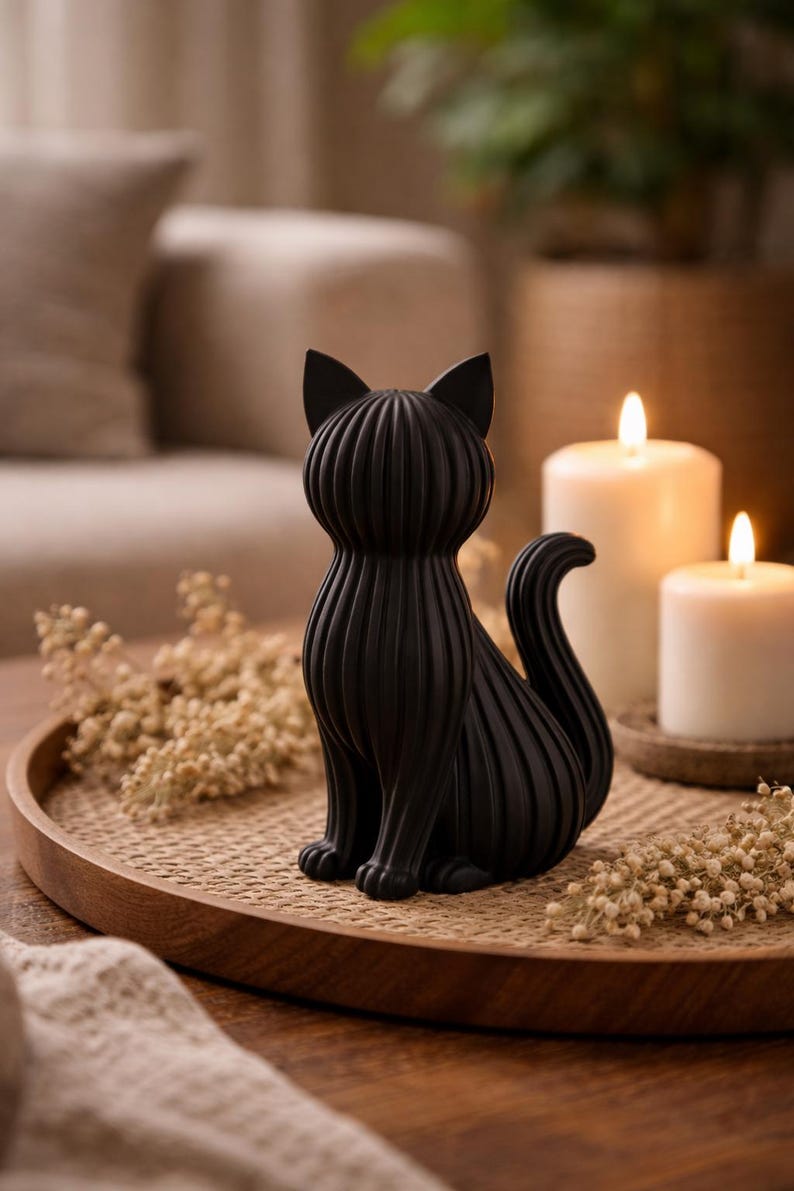 Minimalistische Katzenfigur im Japandi-Stil, 3D-gedruckt in Matt-Schwarz aus umweltfreundlichem PLA. Die geschwungene Form und das gerippte Design betonen den minimalistischen Skandi-Look. Ideale Tischdeko oder Geschenkidee für Katzenfreunde.