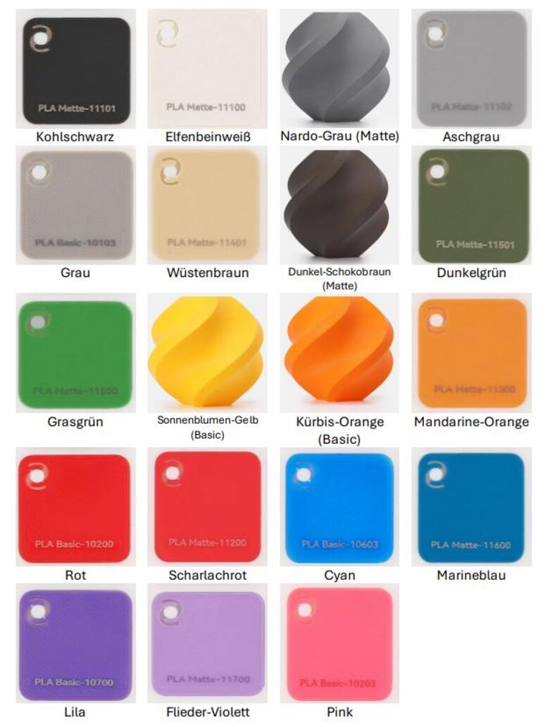May include: A selection of 18 colour swatches, each with a unique hue and name. Colours range from black, white, and grey to vibrant shades of red, blue, and green. Some swatches feature a 3D-printed spiral design. Text labels identify each colour.