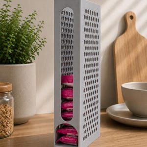 May include: A tall, rectangular, light gray plastic storage dispenser featuring a honeycomb-patterned perforated exterior. The vertical unit contains a stack of small, rectangular, pink-wrapped items visible through the front opening.