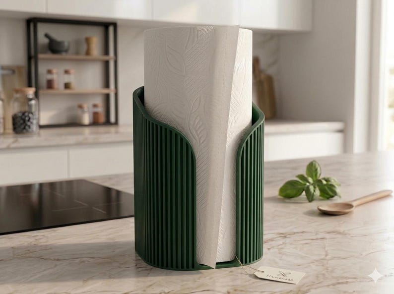 May include: A dark green, vertically ribbed paper towel holder with a cylindrical shape, containing a roll of white paper towels embossed with a delicate leaf pattern. A small, rectangular, light-colored tag is attached to the base.