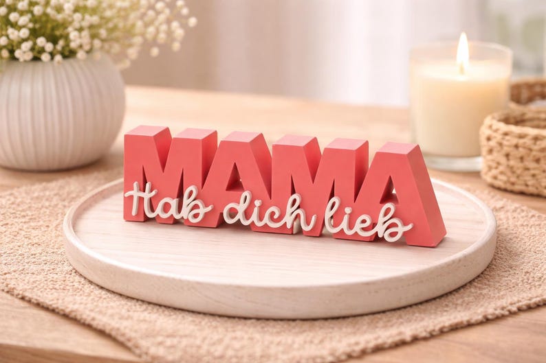 K&ouml;nnte beinhalten: Ein korallenfarbenes Holzschild mit dem Schriftzug "MAMA" in Blockbuchstaben und den Worten "Hab dich lieb" in Schreibschrift darunter. Das Schild steht auf einem Holztablett, im Hintergrund eine Kerze und Blumen.