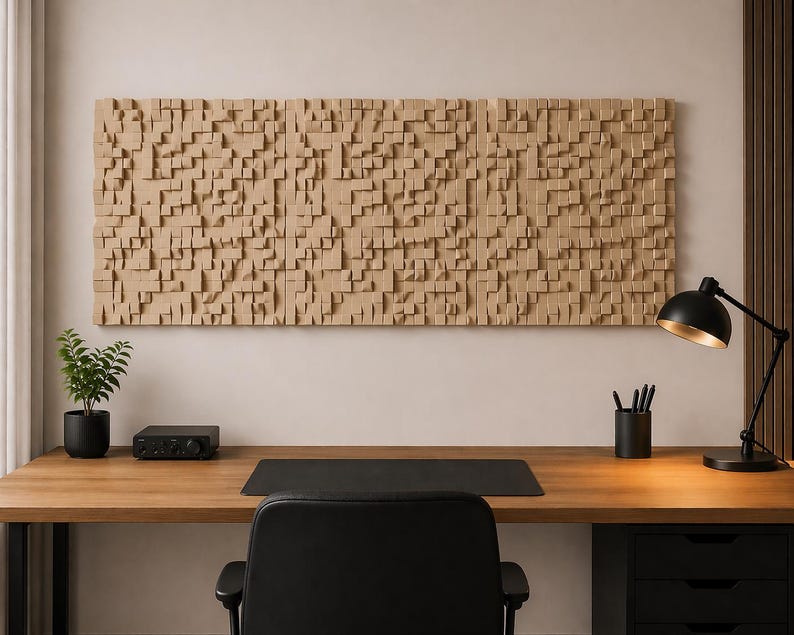 May include: A large rectangular wall-mounted acoustic panel composed of numerous small, light brown wooden blocks of varying heights and depths, creating a textured, three-dimensional grid pattern across the entire surface.