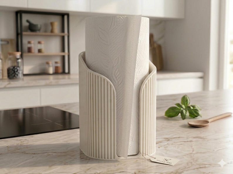 May include: A cream-colored, cylindrical paper towel holder featuring a vertical ribbed texture. The holder contains a roll of white paper towels embossed with a subtle leaf pattern and includes a small, rectangular paper tag attached at the base.