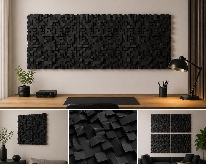 May include: A set of three rectangular black wall panels featuring a three-dimensional geometric block pattern. The panels are mounted horizontally on a wall above a wooden desk, showcasing a textured surface with varying depths and shadows.