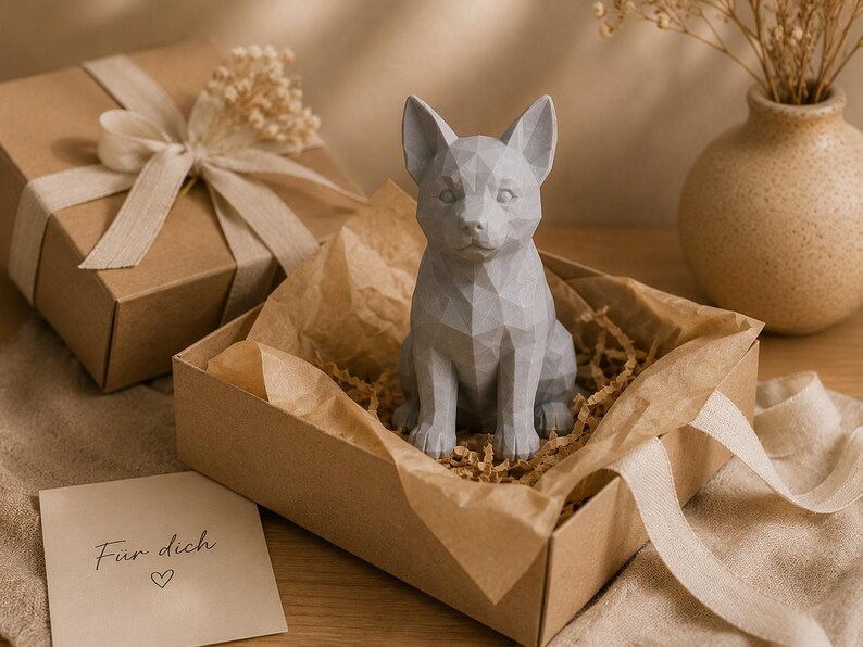 May include: A light gray, geometric, low-poly style dog figurine sits inside an open cardboard gift box lined with crinkled paper. A small card with the text "F&uuml;r dich" and a heart symbol is placed next to the box.