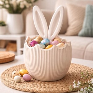 May include: A cream ceramic Easter egg basket with bunny ears, filled with colourful decorative eggs. The basket sits on a woven placemat, with extra eggs scattered around. The background includes a white vase with flowers.