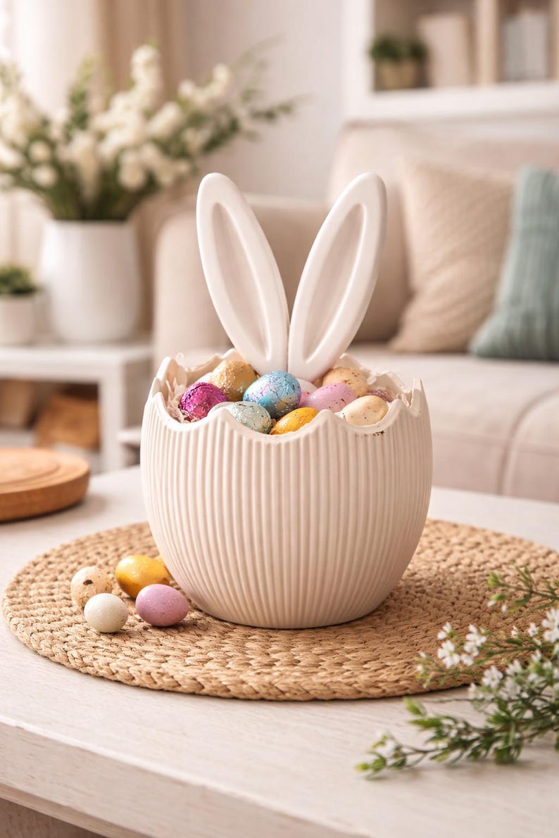 May include: A cream ceramic Easter egg basket with bunny ears, filled with colourful decorative eggs. The basket sits on a woven placemat, with extra eggs scattered around. The background includes a white vase with flowers.