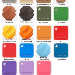 May include: A collection of PLA filament color swatches featuring square tiles with holes and twisted cylindrical shapes. Each item is labeled with a specific color name and code, including black, white, gray, brown, green, yellow, orange, red, blue, purple, and pink, plus two special effect finishes.