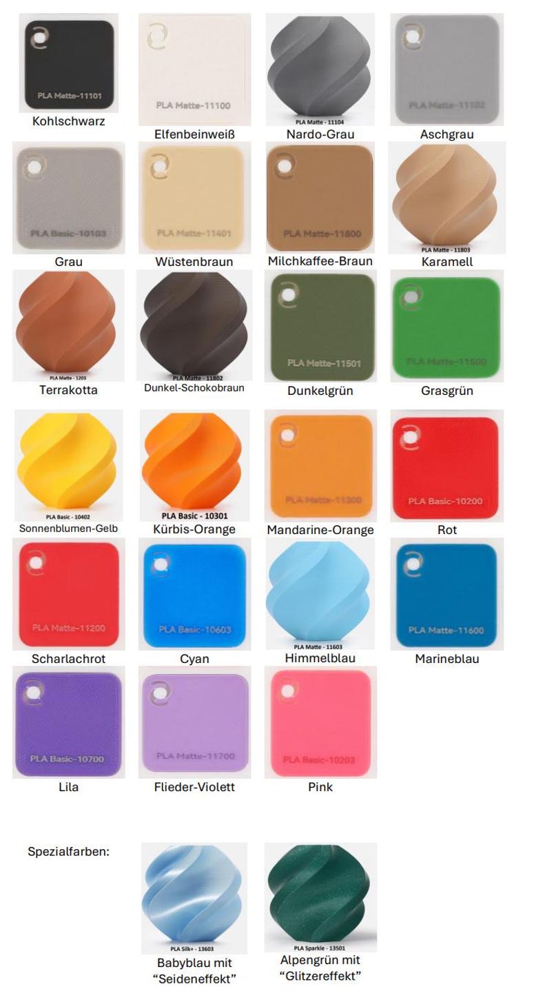 May include: A collection of PLA filament color swatches featuring square tiles with holes and twisted cylindrical shapes. Each item is labeled with a specific color name and code, including black, white, gray, brown, green, yellow, orange, red, blue, purple, and pink, plus two special effect finishes.