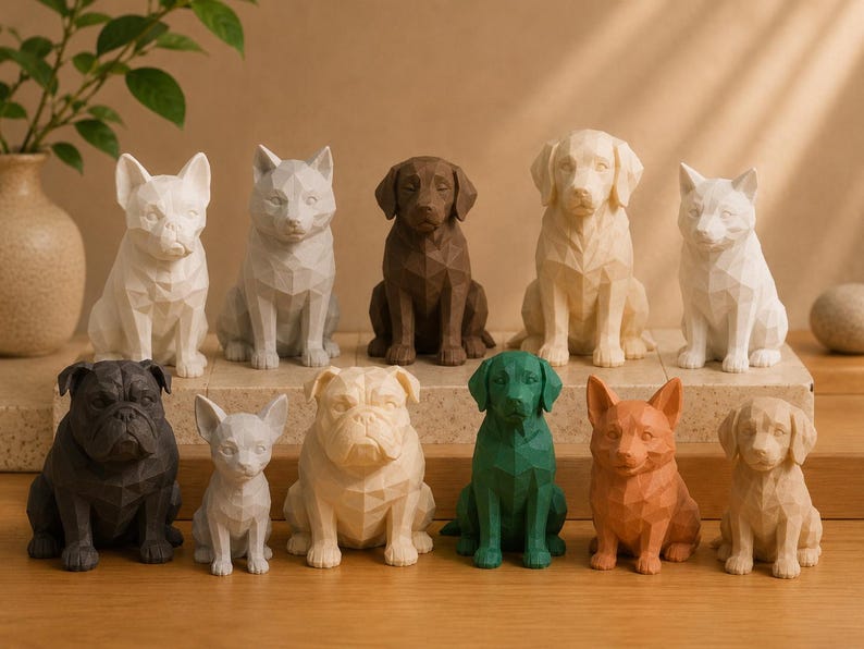 May include: A collection of eleven geometric dog figurines in various colors including white, black, brown, green, and orange. Each statue features a faceted, low-poly design representing different dog breeds sitting in an upright position.