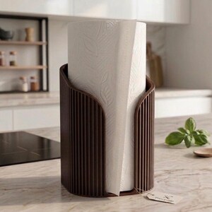 May include: A dark brown, vertically ribbed paper towel holder with a cylindrical shape, containing a roll of white paper towels embossed with a subtle leaf pattern. A small, rectangular beige tag hangs from the base of the holder.
