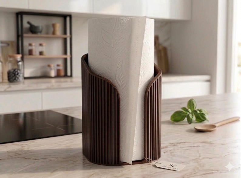 May include: A dark brown, vertically ribbed paper towel holder with a cylindrical shape, containing a roll of white paper towels embossed with a subtle leaf pattern. A small, rectangular beige tag hangs from the base of the holder.