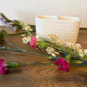 May include: A matte white ceramic toothbrush holder with a rectangular shape and horizontal ribbed detailing, accompanied by several stems of pink carnations and dried white flowers arranged in the foreground.