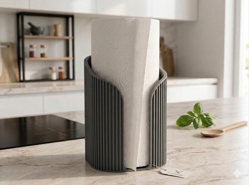 May include: A dark gray, cylindrical paper towel holder with a vertical ribbed texture. The holder contains a roll of white paper towels featuring a subtle embossed leaf pattern. A small, rectangular paper tag is attached to the base.