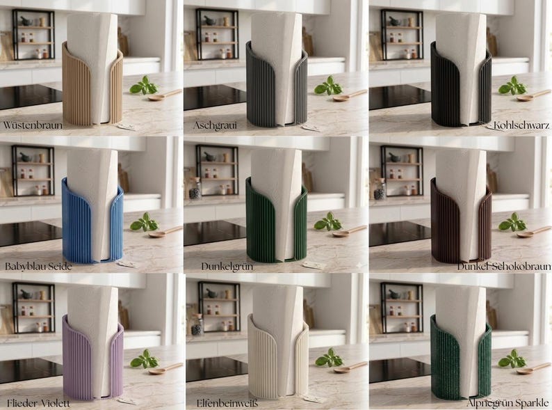 May include: A collection of nine cylindrical paper towel holders featuring vertical ribbed textures, displayed in various colors including beige, gray, black, blue, dark green, brown, light purple, cream, and dark green sparkle.